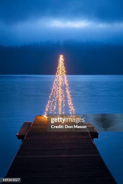 string of lights in tree shape on wooden pier - lake whatcom bildbanksfoton och bilder