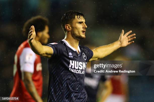 Ryan Longman of Millwall celebrates after scoring the team's first goal during the Sky Bet Championship match between Millwall and Rotherham United...