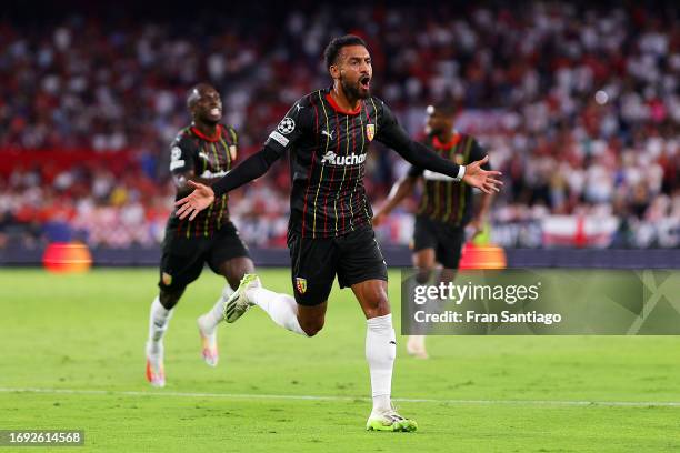 Angelo Fulgini of RC Lens celebrates after scoring the team's first goal during the UEFA Champions League match between Sevilla FC and RC Lens at...