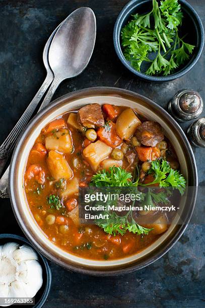 bowl of stew with herbs - eintopf von oben stock-fotos und bilder