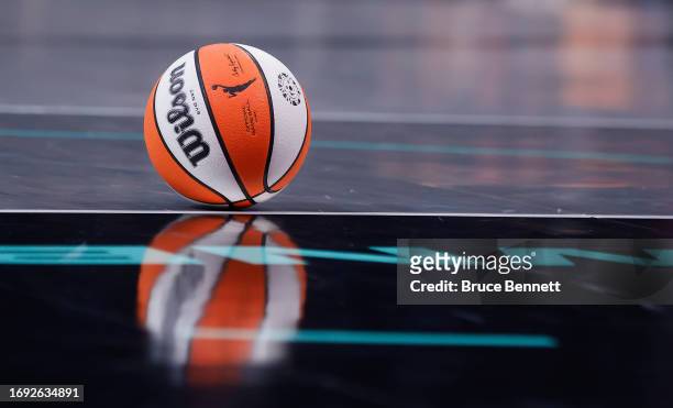 Close-up view of a basketball during the game between the New York Liberty and the Washington Mystics during Game Two of Round One of the 2023...