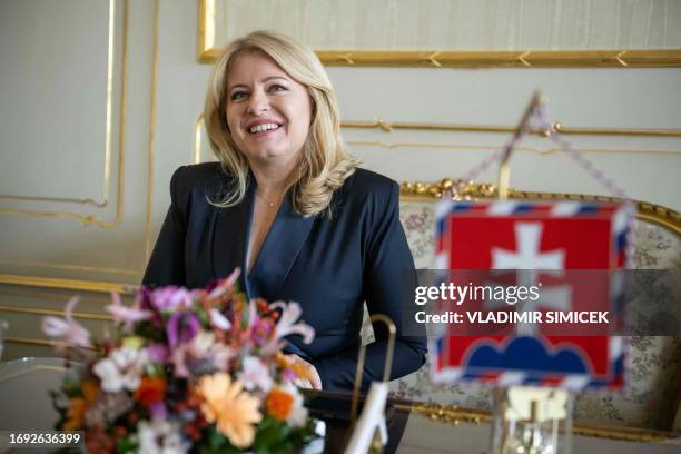 Slovak President Zuzana Caputova is pictured during an interview with AFP at the Presidential Palace in Bratislava, Slovakia on September 27, 2023....