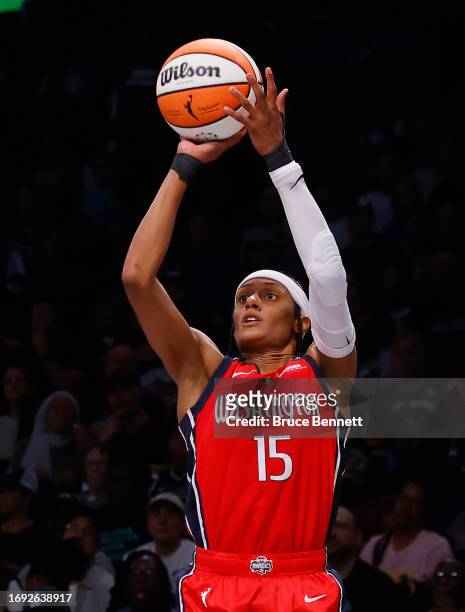 Brittney Sykes of the Washington Mystics plays against the New York Liberty during Game Two of Round One of the 2023 Playoffs at the Barclays Center...