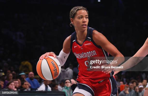 Natasha Cloud of the Washington Mystics plays against the New York Liberty during Game Two of Round One of the 2023 Playoffs at the Barclays Center...