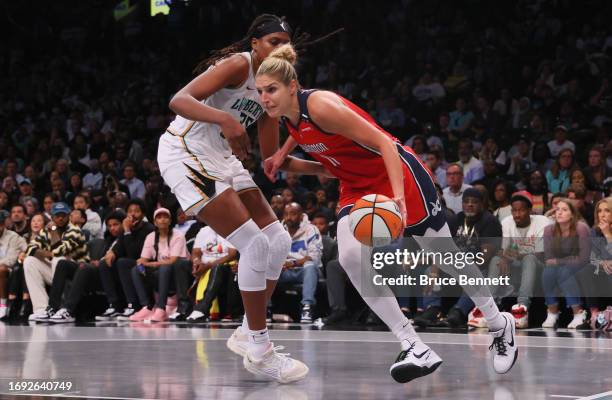 Elena Delle Donne of the Washington Mystics plays against the New York Liberty during Game Two of Round One of the 2023 Playoffs at the Barclays...