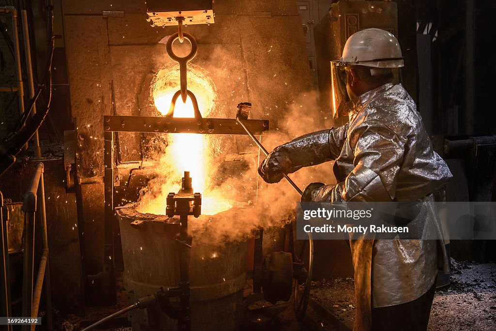 Founderies Worker Pouring Molten Metal In Foundry Rear View High-Res Stock Photo ...