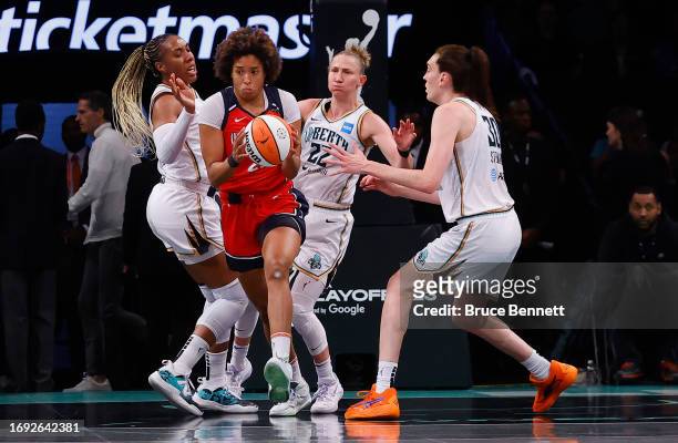Tianna Hawkins of the Washington Mystics plays against the New York Liberty during Game Two of Round One of the 2023 Playoffs at the Barclays Center...