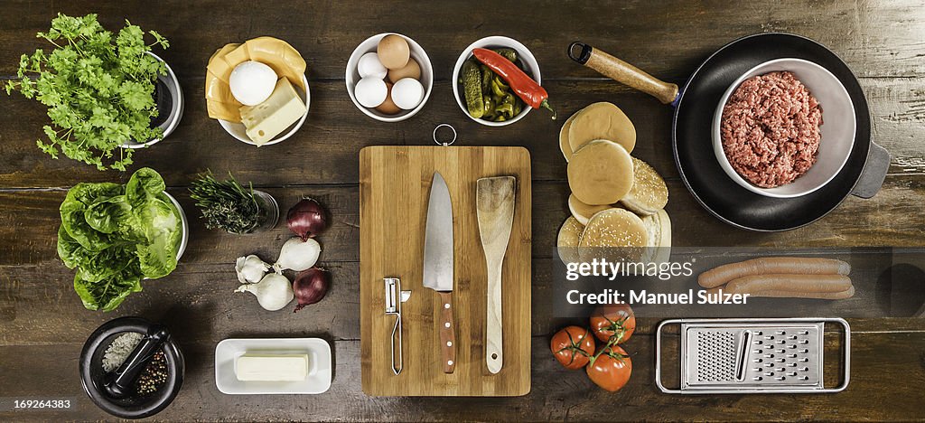 Table laid with ingredients and utensils