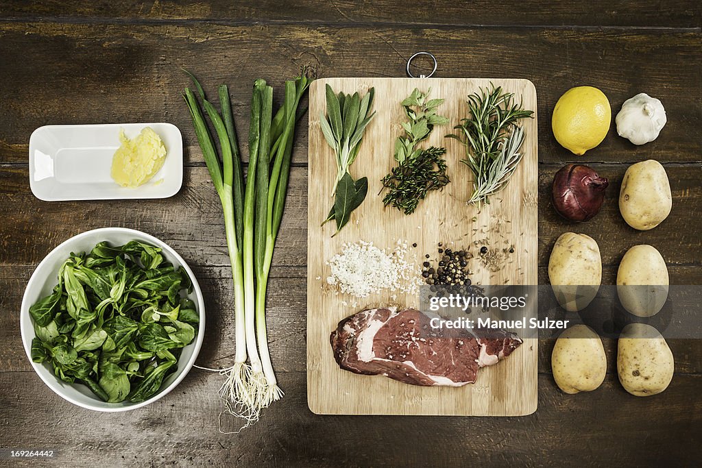 Table with ingredients and seasonings