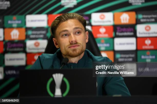 Matt Cash of Aston Villa talks to the press during a press conference on September 20, 2023 in Warsaw, Poland.