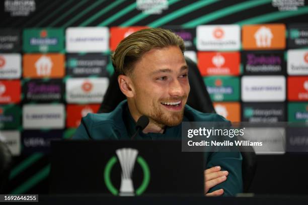 Matt Cash of Aston Villa talks to the press during a press conference on September 20, 2023 in Warsaw, Poland.