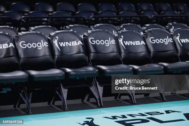 View of Google and WNBA branded seats courtside prior to the game between the New York Liberty and the Washington Mystics before Game Two of Round...