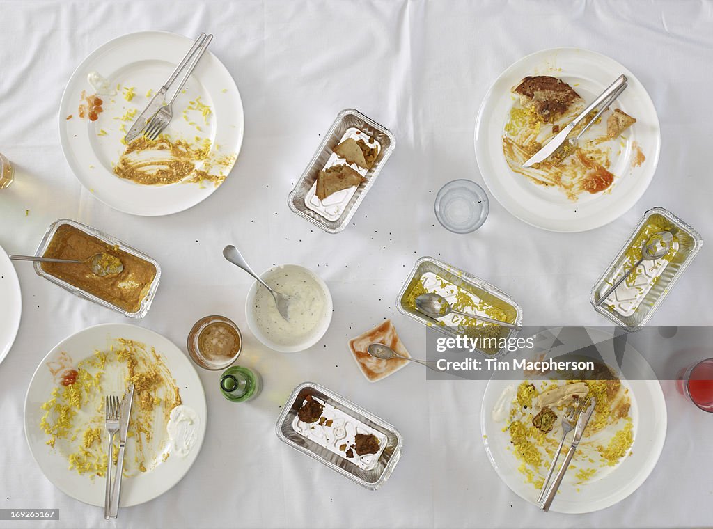 Overhead view of dirty dishes on table