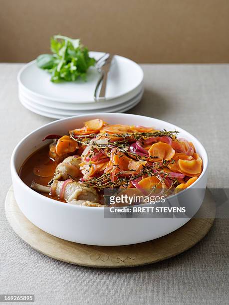 plate of stewed meat and fruit - chicken stew stock pictures, royalty-free photos & images