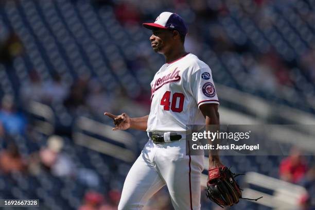 Josiah Gray of the Washington Nationals gestures after pitching against the Chicago White Sox during the fifth inning at Nationals Park on September...