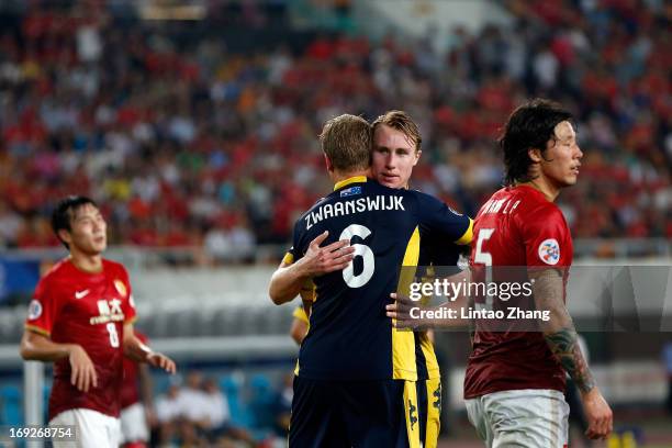 Zac Anderson and Patrick Zwaanswijk of Central Coast Mariners hugging each other after during AFC Champions League knockout round match between...
