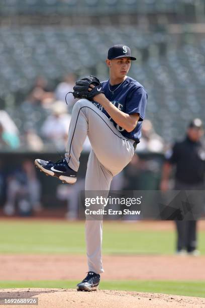 George Kirby of the Seattle Mariners pitches against the Oakland Athletics in the first inning at RingCentral Coliseum on September 20, 2023 in...