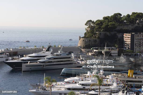 Luxury yachts exhibited on the opening day of the Monaco Yacht Show at Port Hercules in Monaco, on Wednesday, Sept. 27, 2023. The show runs from...