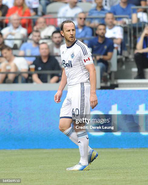 Andy O'Brien of the Vancouver Whitecaps in action against the Los Angeles Galaxy during an MLS Game at B.C. Place on May 11, 2013 in Vancouver,...