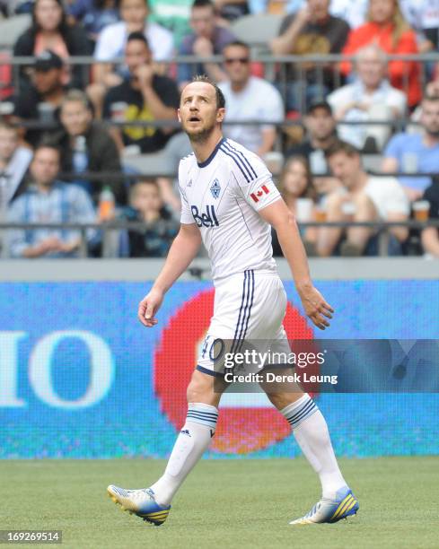 Andy O'Brien of the Vancouver Whitecaps in action against the Los Angeles Galaxy during an MLS Game at B.C. Place on May 11, 2013 in Vancouver,...