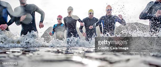 triathletes emerging from water - will cape town run out of water stock pictures, royalty-free photos & images