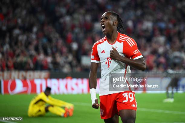 Mathys Tel of Bayern Munich celebrates after scoring their sides fourth goal during the UEFA Champions League match between FC Bayern München and...