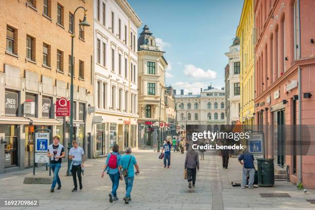 shopping street downtown oslo norway - pedestrian zone stock pictures, royalty-free photos & images