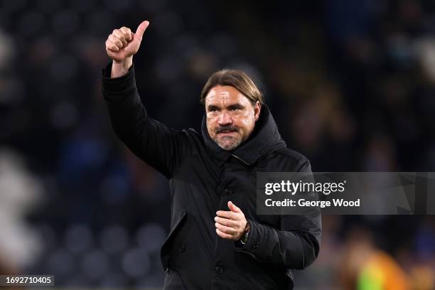 Daniel Farke, Manager of Leeds United, acknowledges the fans after the Sky Bet Championship match between Hull City and Leeds United at MKM Stadium...