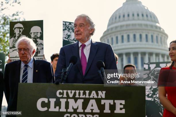 Sen. Bernie Sanders , Sen. Ed Markey , and Rep. Alexandria Ocasio-Cortez hold a news conference on the launch of the American Climate Corps outside...