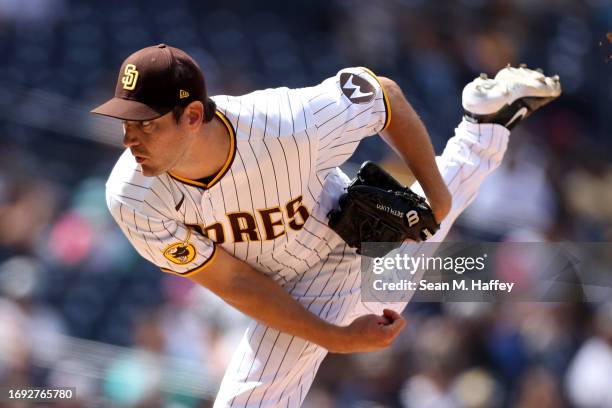 Seth Lugo of the San Diego Padres pitches during the third inning of a game against the Colorado Rockies at PETCO Park on September 20, 2023 in San...