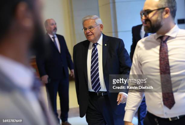 Sen. Bob Menendez arrives for a briefing on Ukraine at the U.S. Capitol on September 20, 2023 in Washington, DC. Leaders from the State Department,...