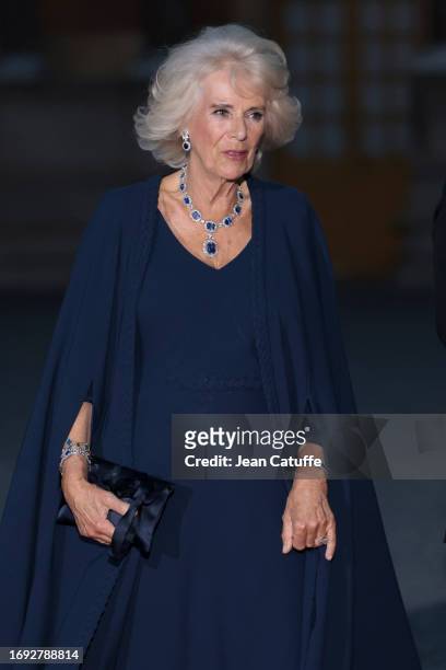 Queen Camilla arrives at the Palace of Versailles ahead of the State Dinner held in honor of King Charles III and Queen Camilla in the Hall of...