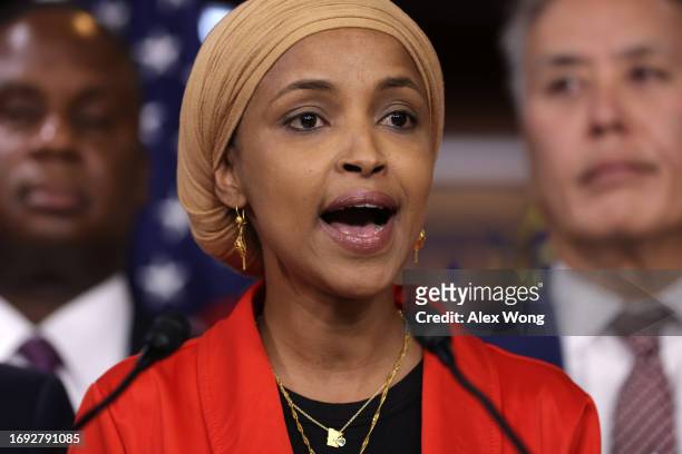 Deputy Chair of the Congressional Progressive Caucus Rep. Ilhan Omar speaks during a news conference on possible government shutdown at the U.S....