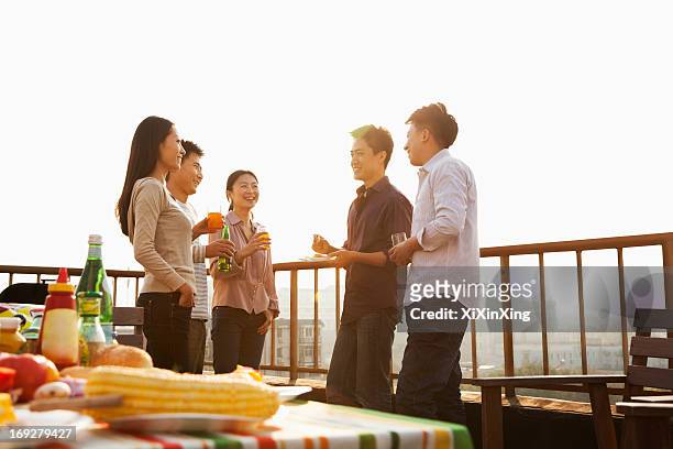 sunset at rooftop barbecue - barbecue social gathering stock pictures, royalty-free photos & images