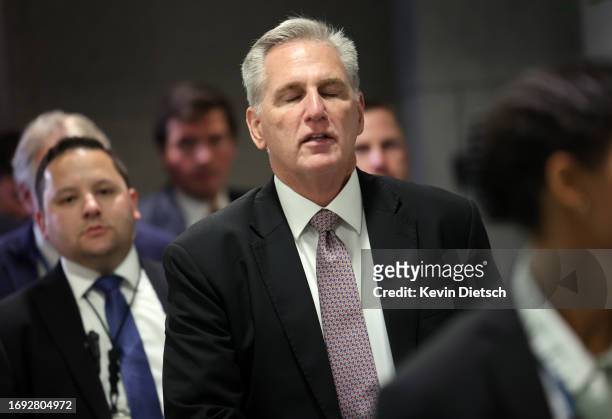 Speaker of the House Kevin McCarthy makes his way to a Republican caucus meeting at the U.S. Capitol Building on September 20, 2023 in Washington,...
