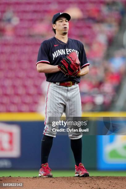 Kenta Maeda of the Minnesota Twins pitches in the first inning against the Cincinnati Reds at Great American Ball Park on September 19, 2023 in...