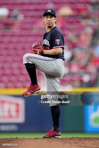 Kenta Maeda of the Minnesota Twins pitches in the first inning against the Cincinnati Reds at Great American Ball Park on September 19, 2023 in...