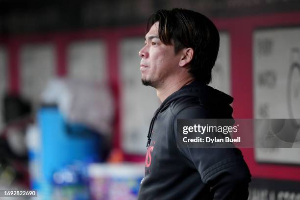 Kenta Maeda of the Minnesota Twins looks on from the dugout in the second inning against the Cincinnati Reds at Great American Ball Park on September...
