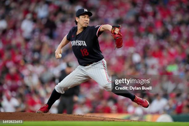 Kenta Maeda of the Minnesota Twins pitches in the second inning against the Cincinnati Reds at Great American Ball Park on September 19, 2023 in...
