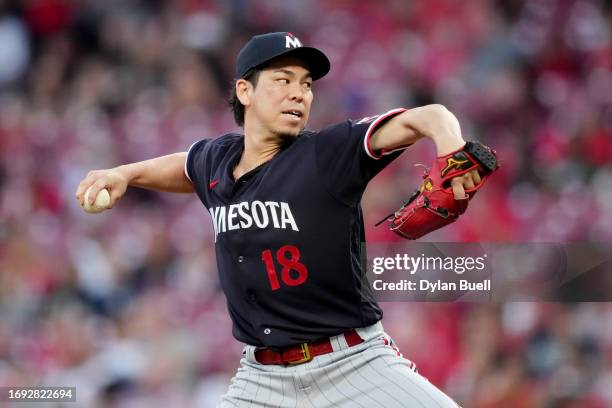 Kenta Maeda of the Minnesota Twins pitches in the second inning against the Cincinnati Reds at Great American Ball Park on September 19, 2023 in...