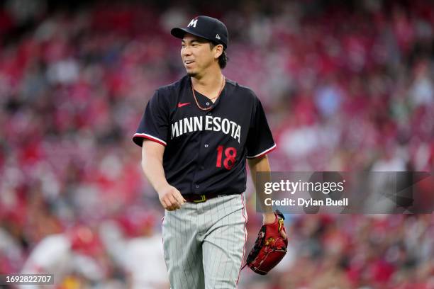 Kenta Maeda of the Minnesota Twins walks across the field in the second inning against the Cincinnati Reds at Great American Ball Park on September...