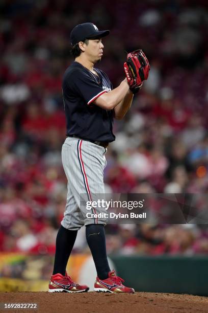 Kenta Maeda of the Minnesota Twins pitches in the fourth inning against the Cincinnati Reds at Great American Ball Park on September 19, 2023 in...