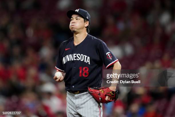 Kenta Maeda of the Minnesota Twins pitches in the fourth inning against the Cincinnati Reds at Great American Ball Park on September 19, 2023 in...
