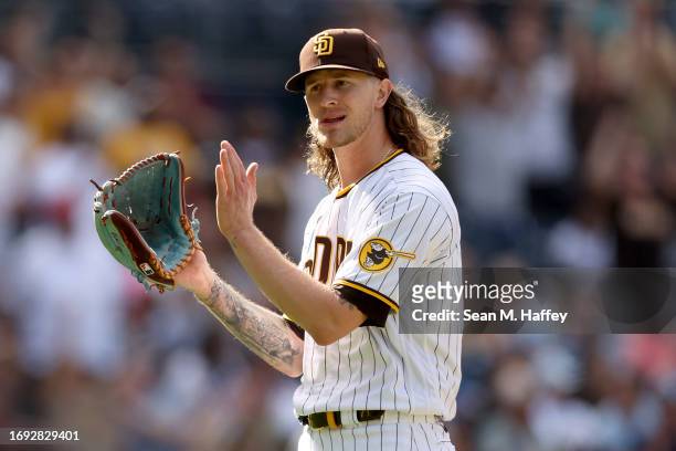 Josh Hader of the San Diego Padres reacts after defeting the Colorado Rockies 3-2 in a game at PETCO Park on September 20, 2023 in San Diego,...