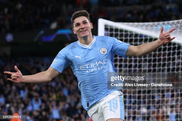 Julian Alvarez of Manchester City celebrates after scoring his side's first goal during the UEFA Champions League match between Manchester City and...