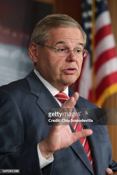Senate Foreign Relations Committee Chairman Robert Menendez holds a news conference after the senate voted 99-0 in favor of a resolution in support...