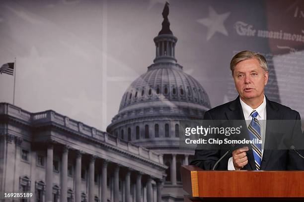 Sen. Lindsey Graham hold a news conference after the senate voted 99-0 in favor of a resolution in support of Israel May 22, 2013 in Washington, DC....