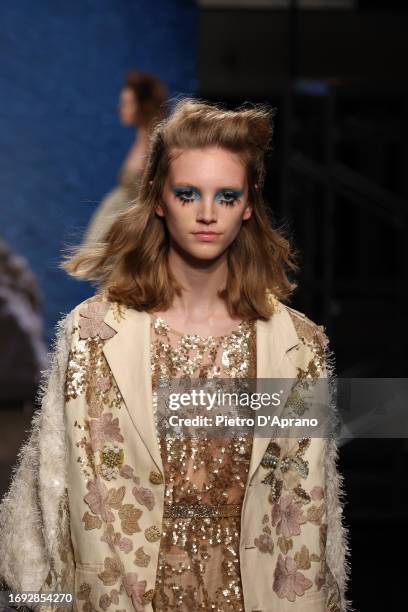 Model, beauty detail, walks the runway at the Antonio Marras fashion show during the Milan Fashion Week Womenswear Spring/Summer 2024 on September...