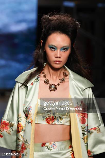 Model, beauty detail, walks the runway at the Antonio Marras fashion show during the Milan Fashion Week Womenswear Spring/Summer 2024 on September...