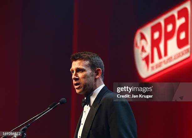 Chief Executive of the Rugby Players Association Damien Hopley addresses the audience during The RPA awards at Battersea Evolution on May 22, 2013 in...